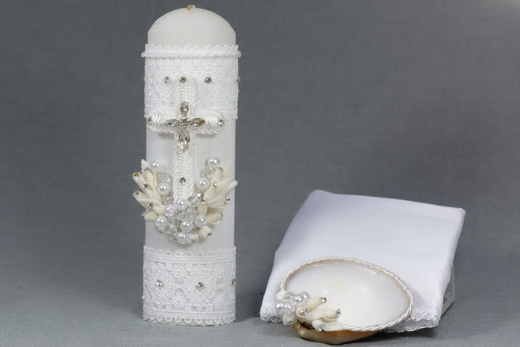 hermoso set de vela para bautizo hecho a mano color blanco ropones burbvus