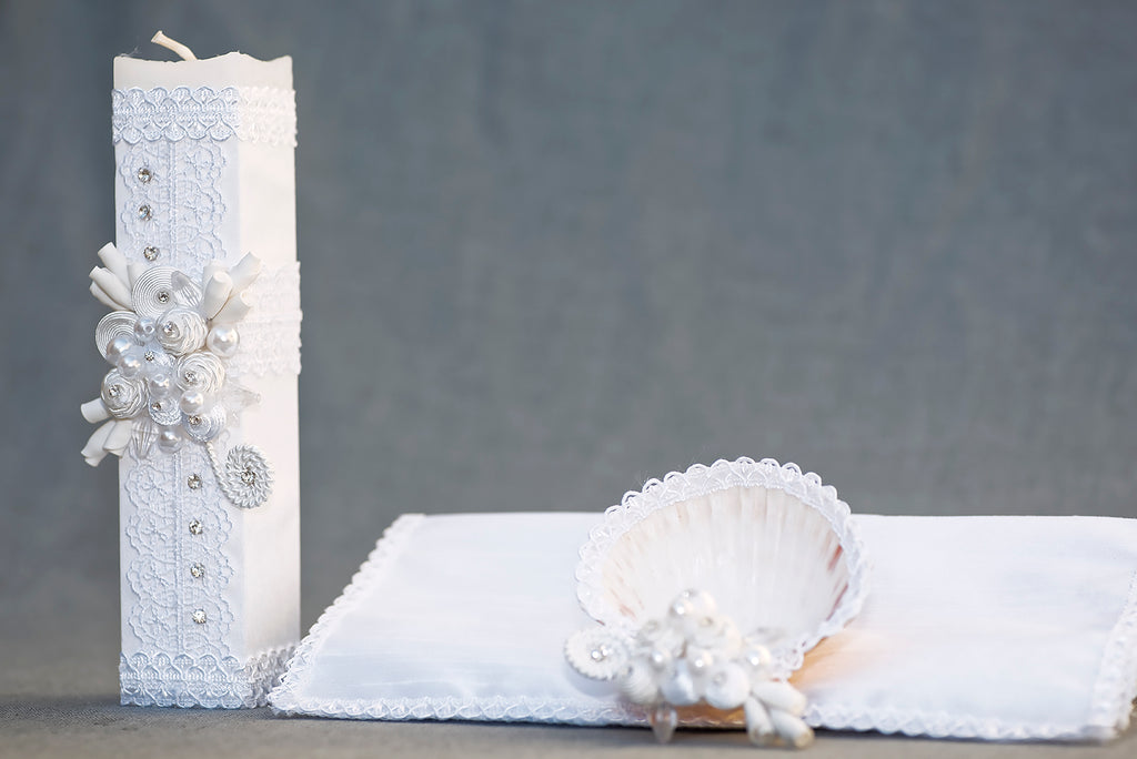 kit de vela conchita y pañuelo para bautizo o primera comunion, burbvus modelo 12 blanca